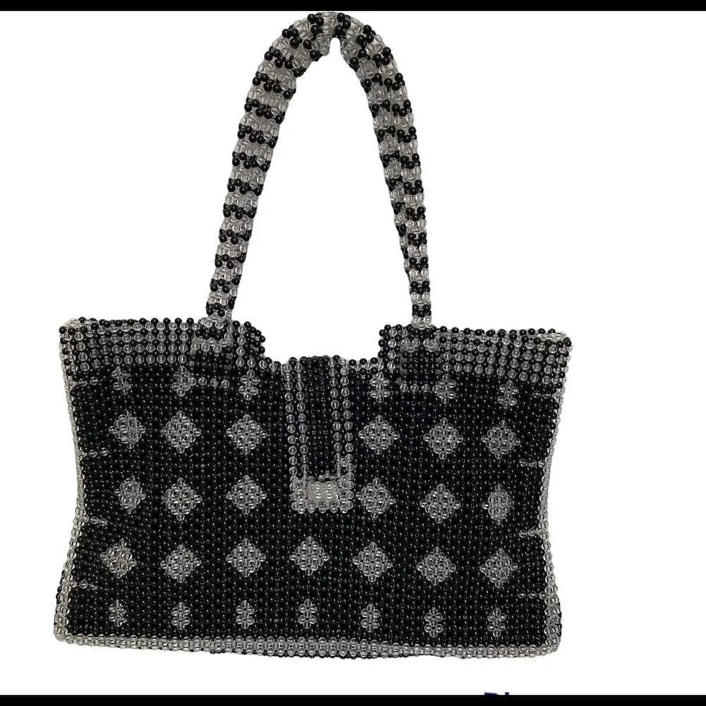 NEW Black Clear Beaded Top Zip Shoulder Bag Tote Purse